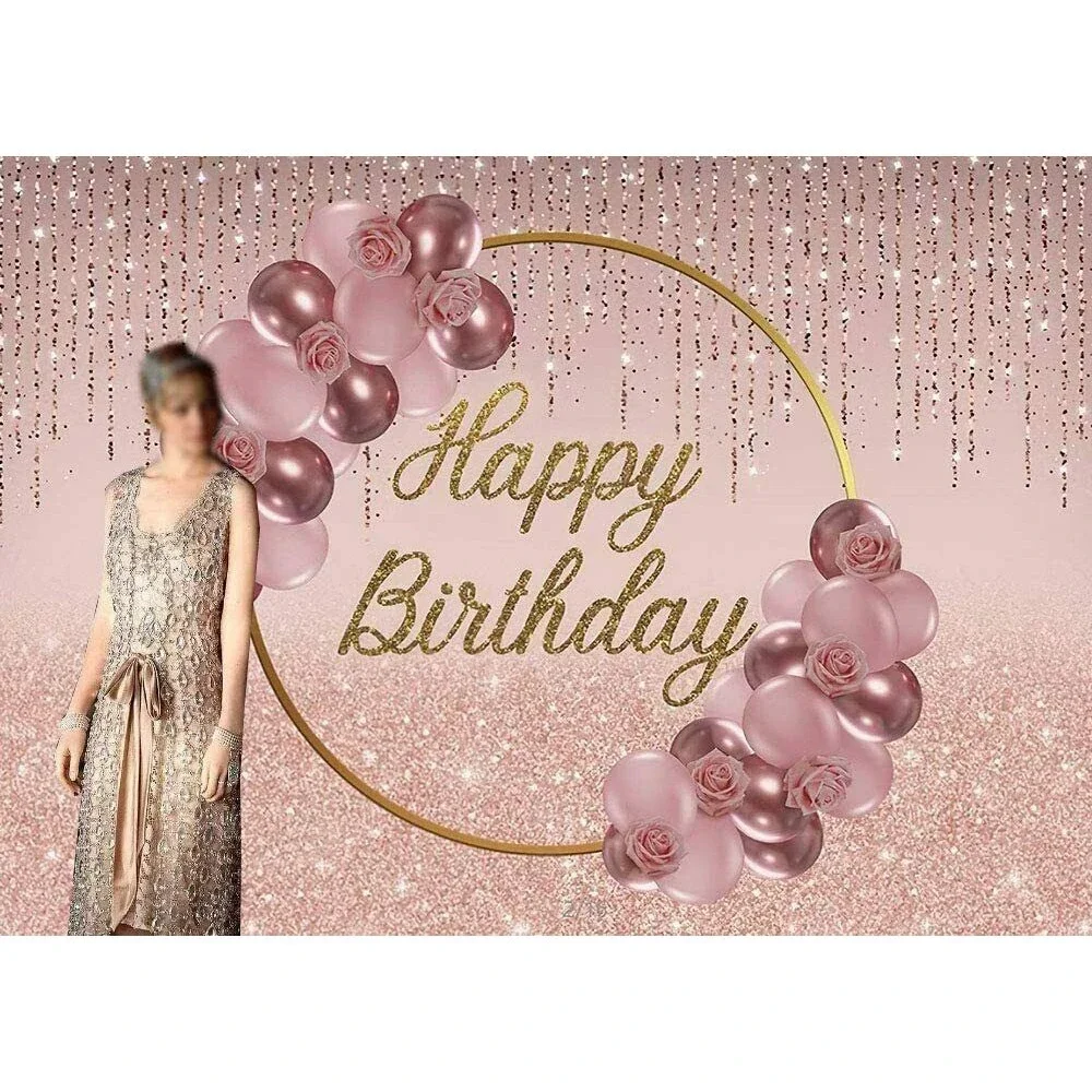7x5ft Vinyl Pink Rose Gold Balloon Gold Ring Happy Birthday Photo Background